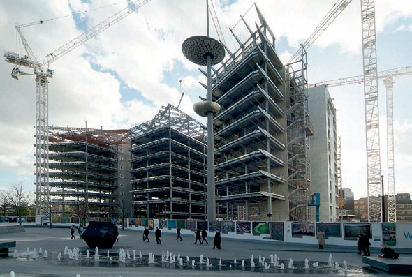 Tower cranes used to constuct a steel-framed commercial building in central London