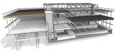 Model showing the pool on the bottom right corner and the gym above with its three trusses