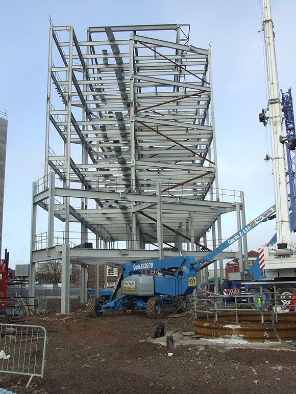 Steel has been erected by a combination of mobile crane and cherry picker