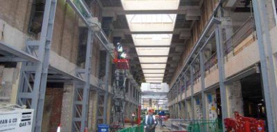 The revamped existing mall has new steel-framed shop fronts
