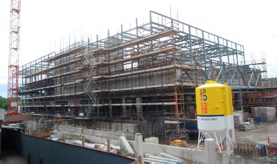 Work progresses on the tight site sandwiched between the existing leisure centre and the main road