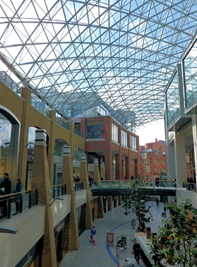 Double layer space frame roof enclosing a street-scape at Belfast’s Victoria Centre