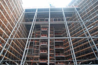 Bowstring trusses form the front of the winter garden
