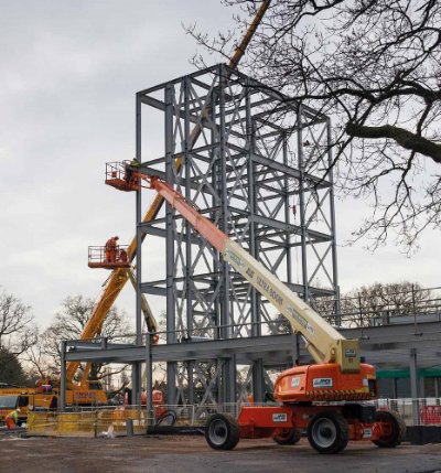 The initial steel elements are erected
