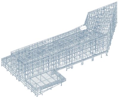 Model showing the main four-storey building and its two low level extensions