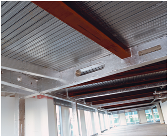 Unprotected steel beams at Plantation Place South, London. (Image courtesy of Arup Fire)