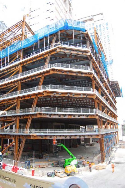 Raking columns span the Bakerloo Line that runs beneath the site