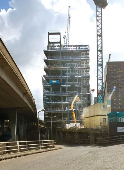 A service road separates the building from the busy Westway