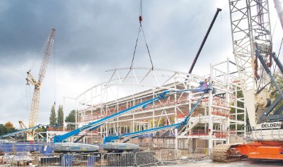 Each roof truss was installed using a tandem lift