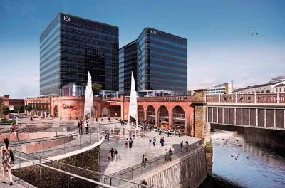 A depiction of the new public realm and the two offices
