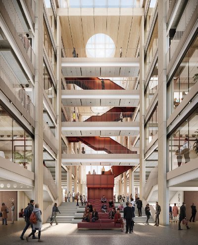 A full-height atrium connects the two office blocks
