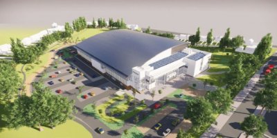 The completed aquatics centre will have a feature sloping roof
