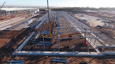 The second structure to be erected; the cross-dock terminal is a twin-span portal frame