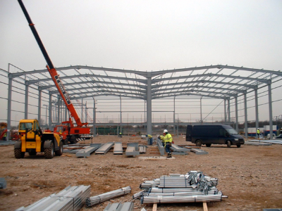 Multi-bay portal frame during construction