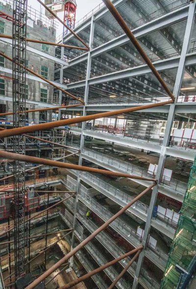 Temporary steel supports the atrium until the floors are cast
