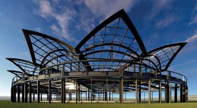 The barrel-vaulted roof cantilevers over the balcony