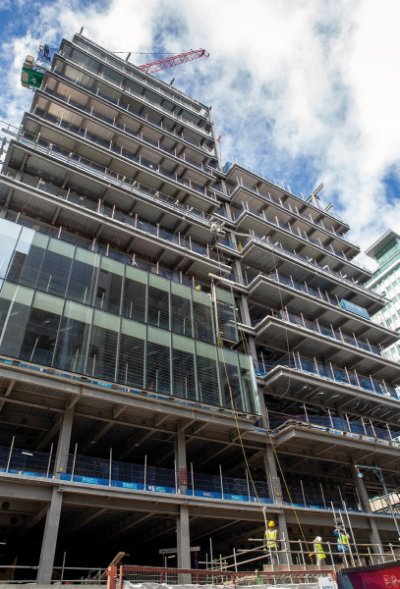 Cladding installation was in full-swing when the steel frame topped out in October