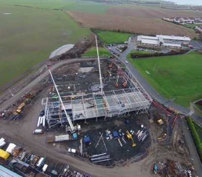 Mobile cranes erected the frame in 15 weeks