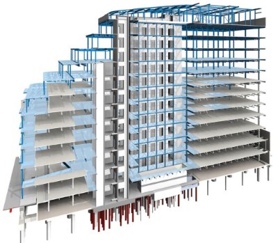 New steelwork (blue) has been added to the existing steel frame
