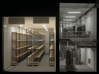 The extension is split into two areas; the cold store (left) and the purified water plant room (right) that includes a mezzanine floor