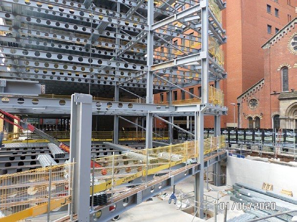 Based around a varying grid pattern, steelwork starts at basement level