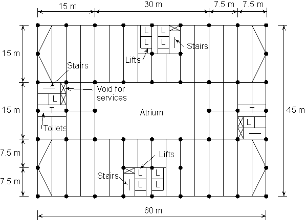 Typical columns layout in an office building with an atrium
