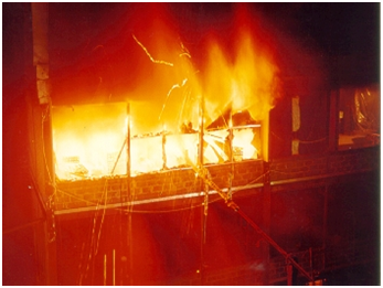 A typical scene from the Cardington fire tests, which demonstrated the inherent robustness of composite steel deck construction