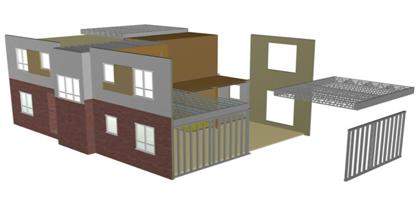 ‘Hybrid’ modular and panel building showing planar floors and walls attached to the modules