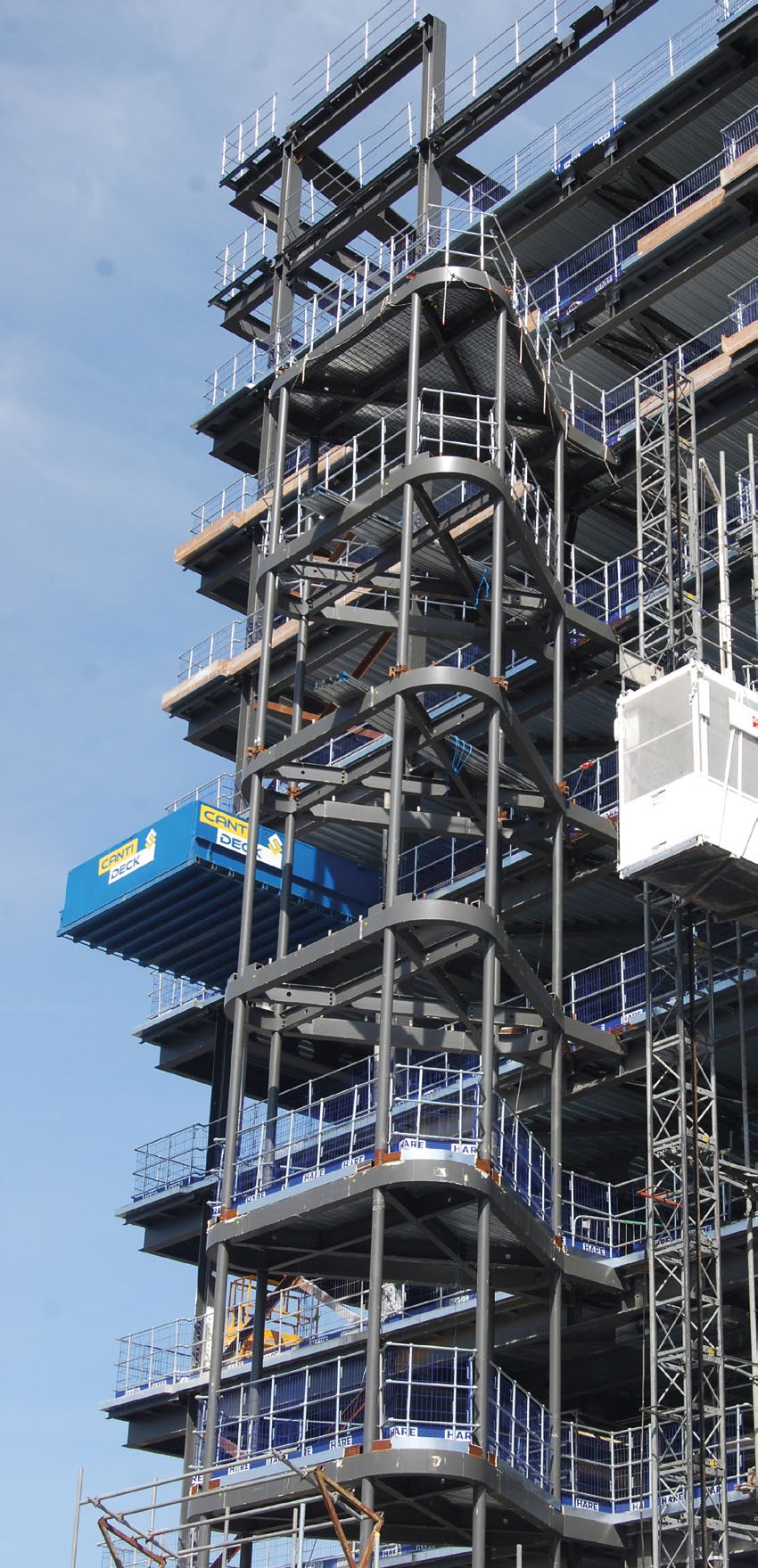 Meeting room pods are attached to each floor