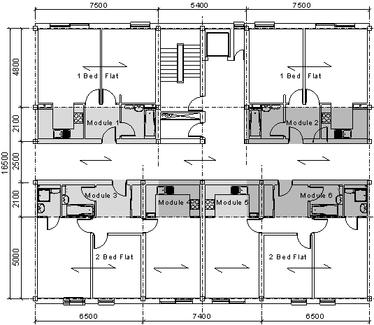 Mixed use of modules and long spanning floor with a primary steel frame