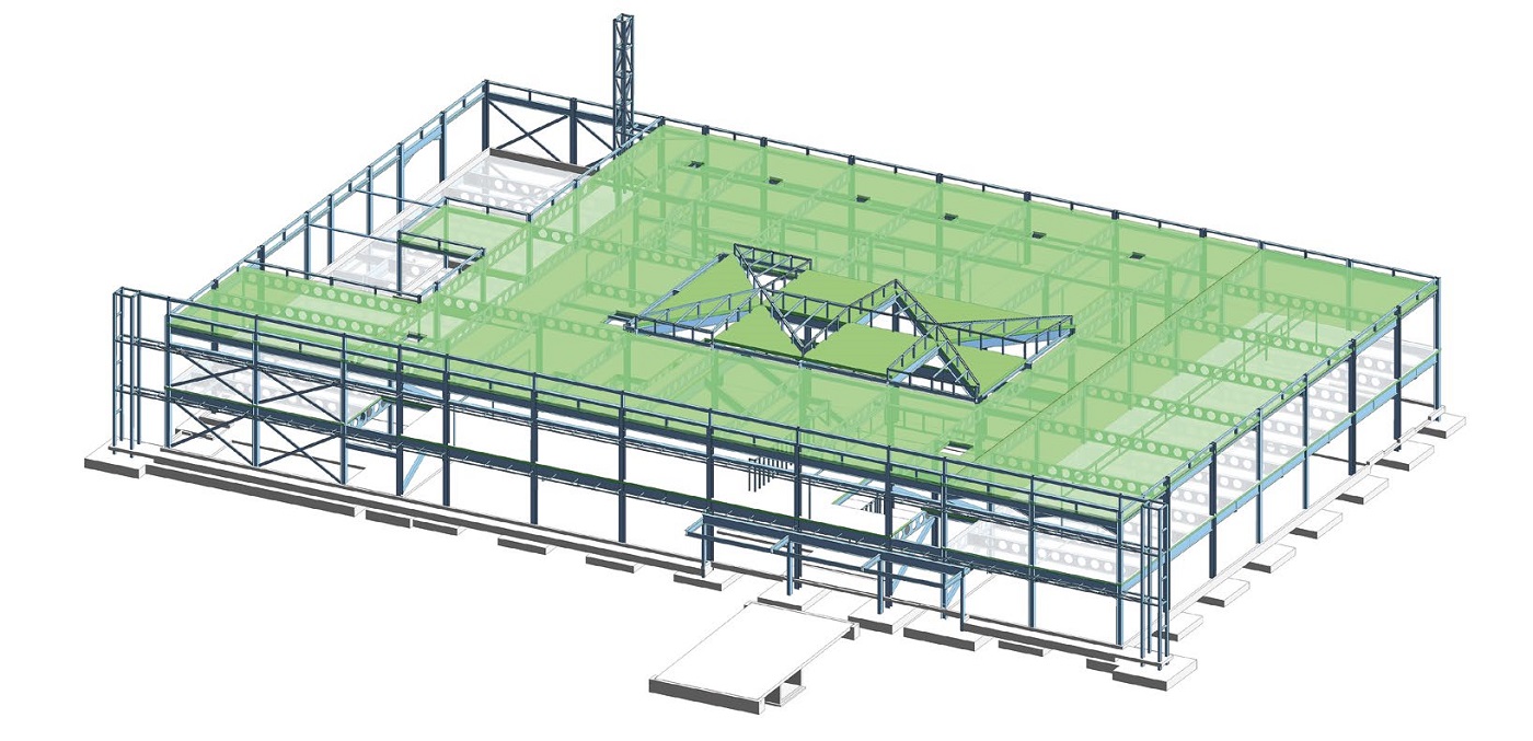 Steel model showing the feature facade's secondary frame and the centrally-positioned atrium