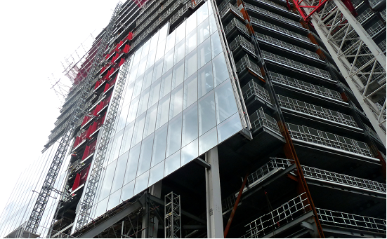 Fully glazed curtain walling system used in a multi-storey steel structure