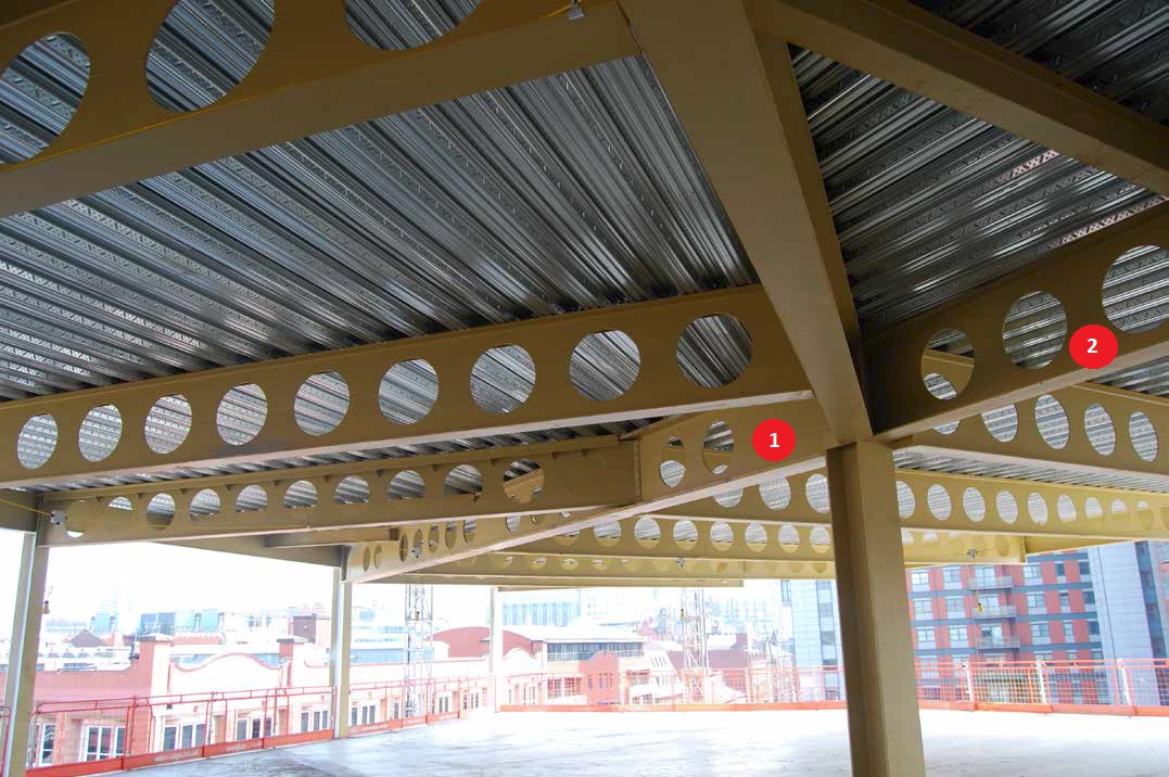 A mix of cellular beam solutions have been used. Pictured, 1 is a plate girder, 2 is a UB section, while all others are Westok beams