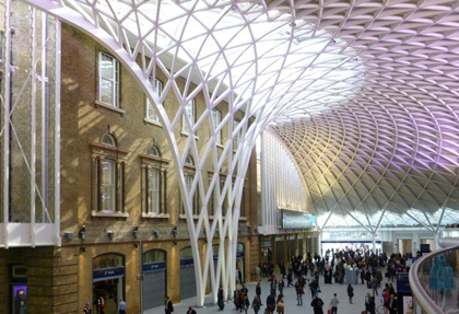 Tubular diagrid structure used over the public concourse at London’s Kings Cross station