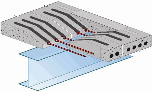 Downstand beams supporting hollow-core precast concrete slabs