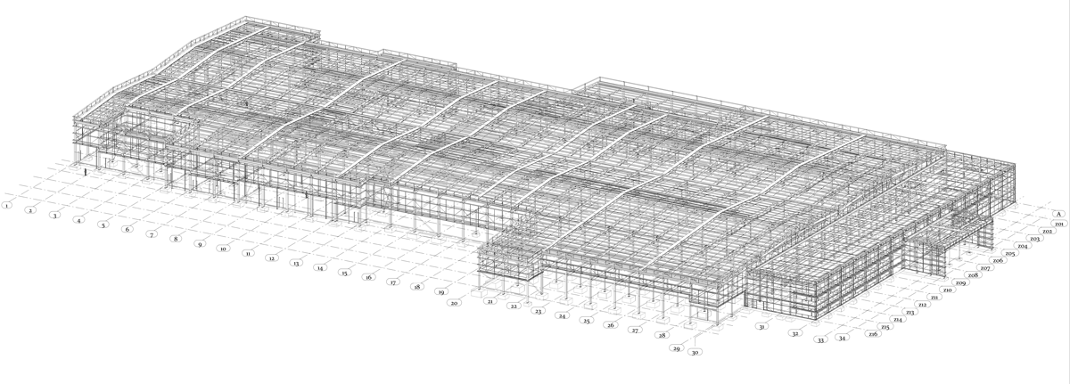 Model showing the steel frame, with office block and entrance hub on the right