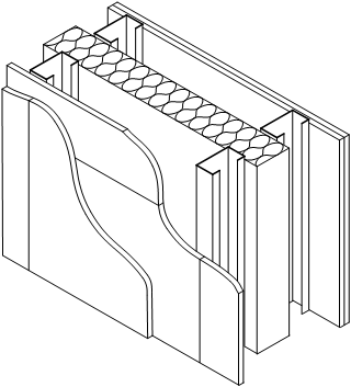 Typical light steel separating walls showing acoustic insulation placed between the double leaf walls
