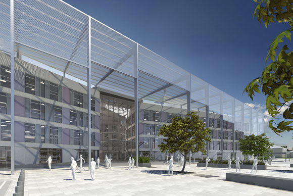 A series of hockey stick columns form a feature fa&#231;ade