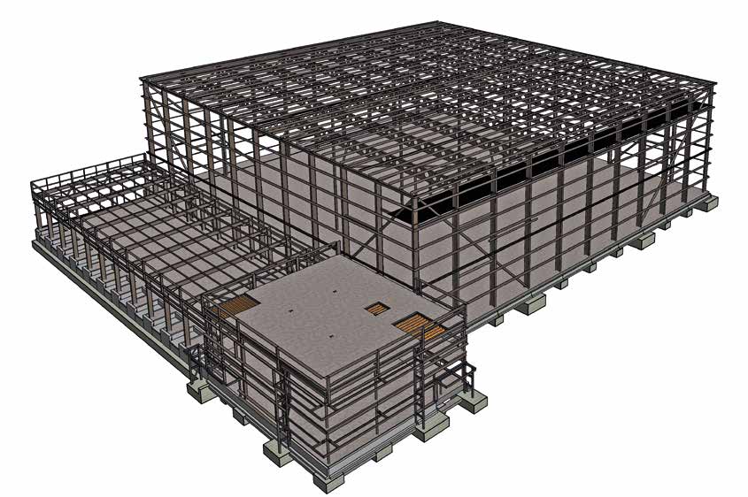 Model showing the 65m x 65m main store and its attached facilities
