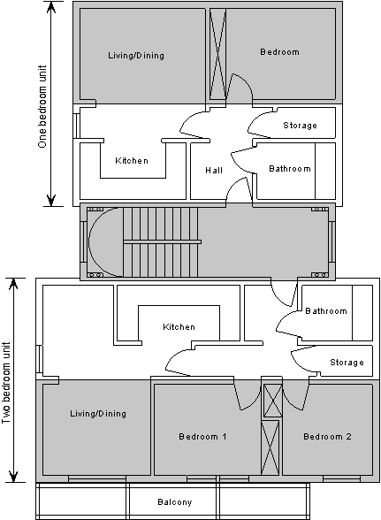 Layout of apartments using partially open sided modules – alternate modules are shaded (Image courtesy of PCKO Architects)