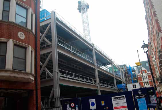 The steel frame along Breams Buildings takes shape