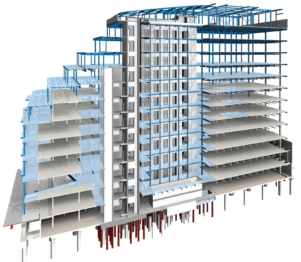 New steelwork (blue) has been added to the existing steel frame