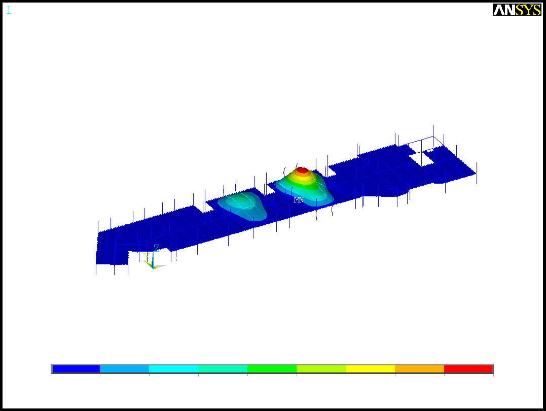 Fundamental frequency mode shape of the first floor