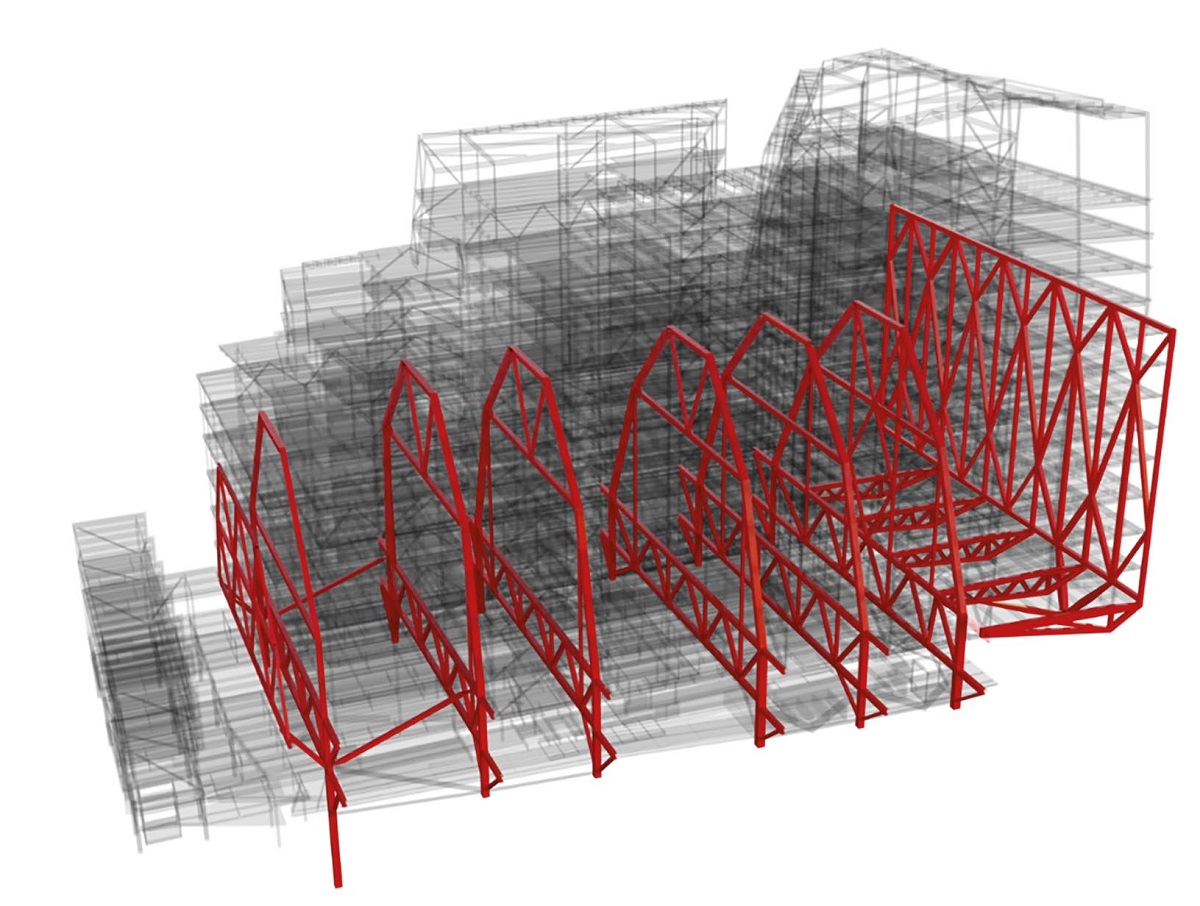 Model
showing the trusses and mega arches