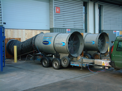 Air pressure testing of an industrial building. (Image courtesy of BSRIA)