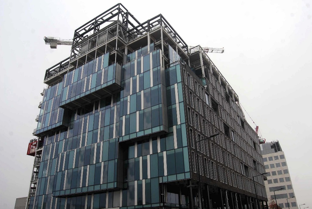 A design change has resulted in a modern steel-framed office building