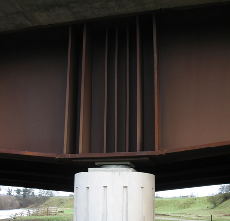 Bearing stiffeners on a weathering steel girder (Also shows jacking stiffeners and web stiffneres at a change in bottom flange direction) River Eden Bridge, Temple Sowerby Bypass