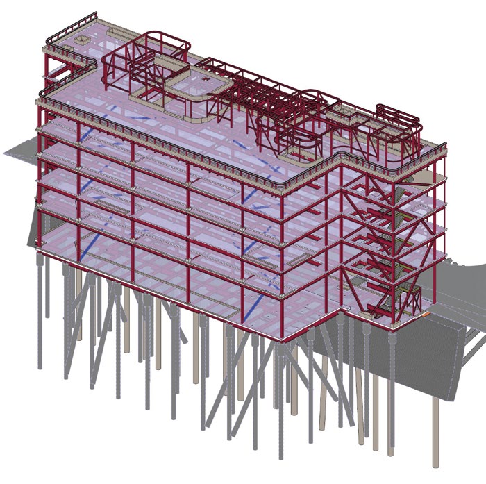 Model showing the new building and the reused piles