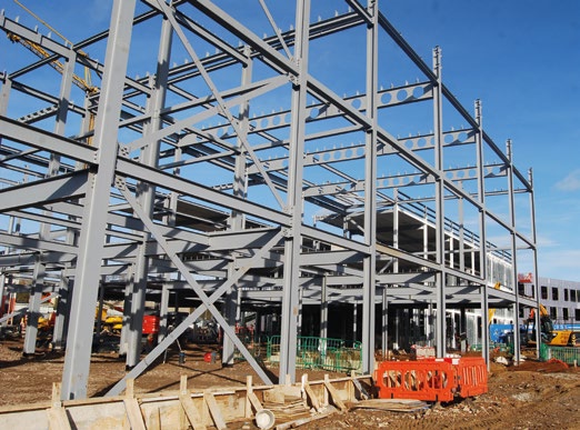 The braced frames are erected around a regular grid pattern