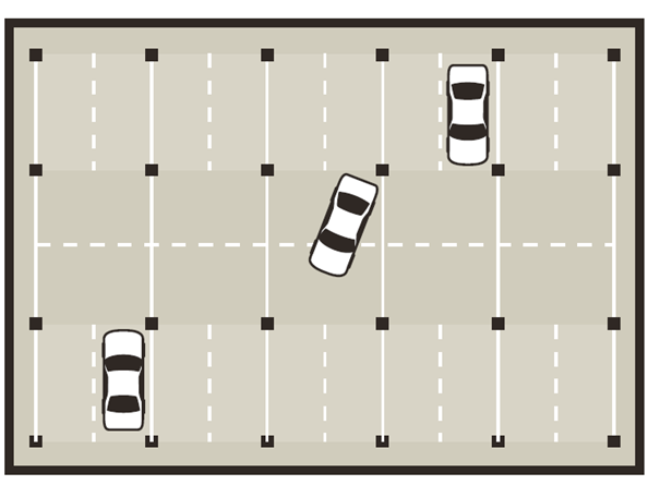 Alternative positions of columns impede traffic (2 stall width spacing)